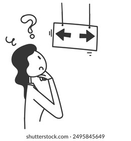 hand drawn doodle business woman thinking of choosing direction