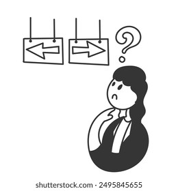 hand drawn doodle business woman thinking of choosing direction