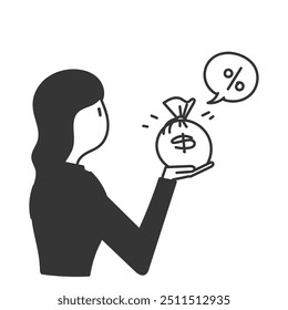 hand drawn doodle business woman holding money bag with percent sign