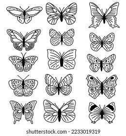 Mariposas de doodle dibujadas a mano. Ilustración de boceto vectorial, colección de arte de contorno negro de insectos para diseño web, icono, impresión, página de color.