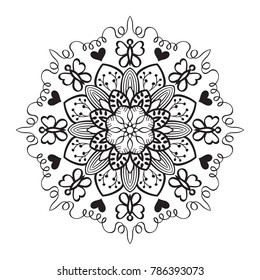 Hand drawn doodle butterfly mandala coloring pattern. Monochrome round design element for your artwork