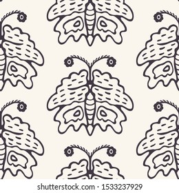 Hand Drawn Doodle Butterfly Motif Seamless Pattern. Simple Playful  Monochrome Background.  Folk Art Sketch Style Textile, Packaging, Wallpaper. Childish Naive All Over Print Vector Eps 10 Tile. 