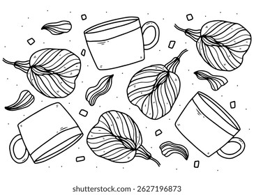 Hand drawn doodle butterfly pea flower drink black outline, health, packaging, freshness, cute pattern background