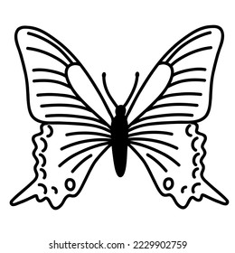 Hand drawn doodle butterfly. Vector sketch illustration, black outline art of insect for web design, icon, print, coloring page