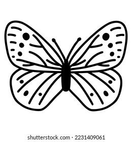 Hand drawn doodle butterfly. Vector sketch illustration, black outline art of insect for web design, icon, print, coloring page.