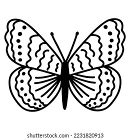 Hand drawn doodle butterfly. Vector sketch illustration, black outline art of insect for web design, icon, print, coloring page.