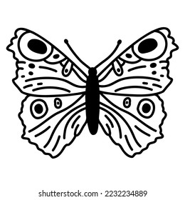 Hand drawn doodle butterfly. Vector sketch illustration, black outline art of insect for web design, icon, print, coloring page.
