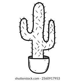 Hand drawn doodle cactus in pot isolated on white background. Vector illustration.