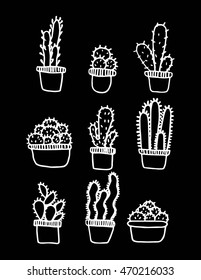 Hand drawn doodle cactus in the pots on Black Background. Cactus Icon. Ink illustration. Vector. 