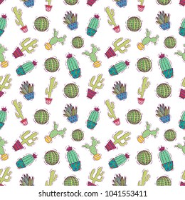 hand drawn or doodle cactus seamless pattern with color on white background