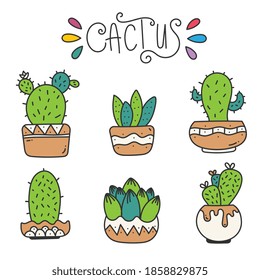 Hand drawn doodle cactus set