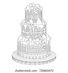 Hand drawn doodle cake with berries for coloring book for adults. Zentangle style