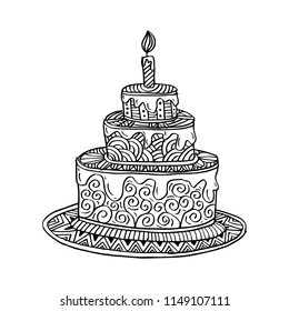 Hand drawn doodle cake. Coloring book.