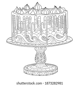 Hand drawn doodle cake with cream for coloring book for adults. Zentangle style, anti stress coloring page
