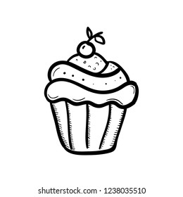 Hand drawn doodle cake icon. Black sketch. Sign symbol. Decoration element. Isolated on white background. Flat design. Vector illustration.