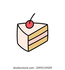 Hand Drawn Doodle Cake Slice Illustration. Food Dessert Sticker Clip Art Icon on White Background Vector EPS 10