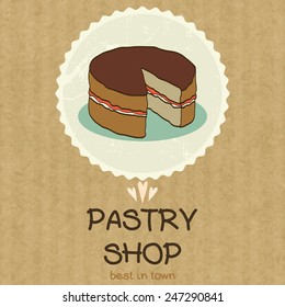 Hand drawn doodle cake without one slice in a badge with place for a text, isolated on kraft paper background.