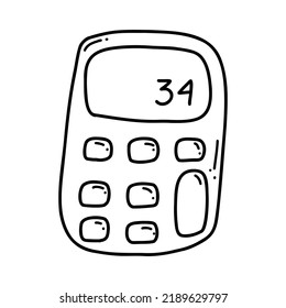 Calculadora de doodles dibujada a mano. Dibujo vectorial ilustración del contorno negro calculando icono de máquina, material escolar u oficina para impresión, página de color, diseño infantil, logotipo