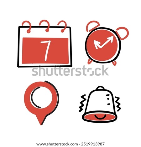 hand drawn doodle calendar, clock,gps and bell collection 