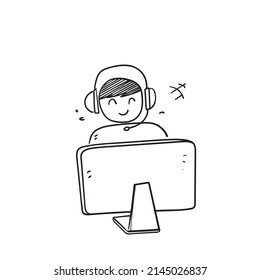 hand drawn doodle Call center icon and Support customer illustration vector
