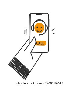 doodle dibujado a mano llamada asistencia al cliente en vector de ilustración de teléfono móvil