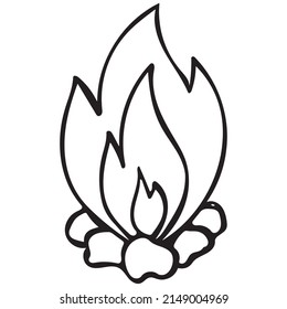 Hand drawn doodle campfire on stones. Vector Outline bonfire clipart.