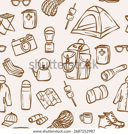 Hand drawn doodle camping essentials background
