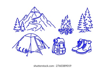Hand Drawn Doodle Camping and Outdoor Icons Set with Tent Mountain Campfire Backpack Boots and Trees Sketch Style Adventure Collection