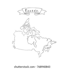 Hand drawn doodle Canada country map icon Vector illustration isolated on white background Canadian outer borders symbol Cartoon ribbon band element