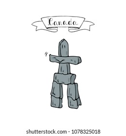 Hand Drawn Doodle Canada Culture Indigenous People Landmark - Totem Pole Inuksuk Icon Vector Illustration Canadian Isolated Symbol On White Cartoon Element Stone Relegion Sign Aboroginal Cairn Element