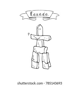 Hand drawn doodle Canada culture indigenous people landmark - totem pole inuksuk icon Vector illustration canadian isolated symbol on white Cartoon element stone relegion sign Aboroginal cairn element