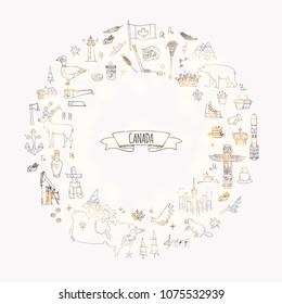 Hand drawn doodle Canada icons set Vector illustration isolated symbols collection of canadian symbols Cartoon elements: bear, map, flag, maple, beaver, deer, goose, totem pole, horse, hockey, poutine