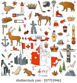 Hand drawn doodle Canada icons set Vector illustration isolated symbols collection of canadian symbols Cartoon elements: bear, map, flag, maple, beaver, deer, goose, totem pole, horse, hockey, poutine