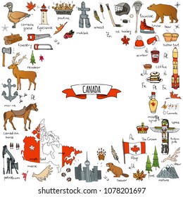 Hand drawn doodle Canada icons set Vector illustration isolated symbols collection of canadian symbols Cartoon elements: bear, map, flag, maple, beaver, deer, goose, totem pole, horse, hockey, poutine