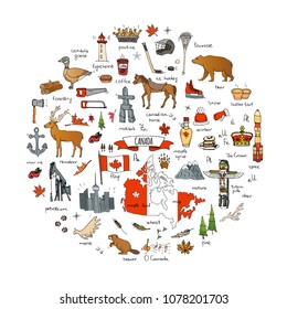 Hand drawn doodle Canada icons set Vector illustration isolated symbols collection of canadian symbols Cartoon elements: bear, map, flag, maple, beaver, deer, goose, totem pole, horse, hockey, poutine