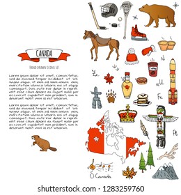 Hand drawn doodle Canada icons set Vector illustration isolated symbols collection of canadian symbols Cartoon elements: bear, map, maple, beaver, totem pole, horse, hockey, winter hat, rocket, crown