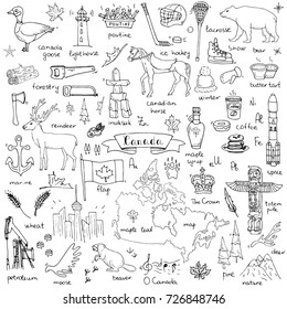 Hand drawn doodle Canada icons set Vector illustration isolated symbols collection of canadian symbols Cartoon elements: bear, map, flag, maple, beaver, deer, goose, totem pole, horse, hockey, poutine