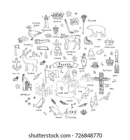 Hand drawn doodle Canada icons set Vector illustration isolated symbols collection of canadian symbols Cartoon elements: bear, map, flag, maple, beaver, deer, goose, totem pole, horse, hockey, poutine