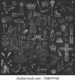 Hand drawn doodle Canada icons set Vector illustration isolated symbols collection of canadian symbols Cartoon elements: bear, map, flag, maple, beaver, deer, goose, totem pole, horse, hockey, poutine