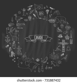 Hand drawn doodle Canada icons set Vector illustration isolated symbols collection of canadian symbols Cartoon elements: bear, map, flag, maple, beaver, deer, goose, totem pole, horse, hockey, poutine