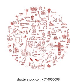 Hand drawn doodle Canada icons set Vector illustration isolated symbols collection of canadian symbols Cartoon elements: bear, map, flag, maple, beaver, deer, goose, totem pole, horse, hockey, poutine