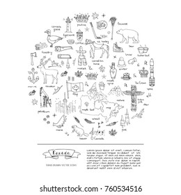 Hand drawn doodle Canada icons set Vector illustration isolated symbols collection of canadian symbols Cartoon elements: bear, map, flag, maple, beaver, deer, goose, totem pole, horse, hockey, poutine