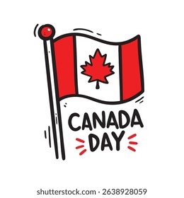 Hand drawn doodle of the Canadian flag with maple leaf and text  Canada Day. A fun and festive cartoon-style design perfect for national holiday celebration and patriotic themes.