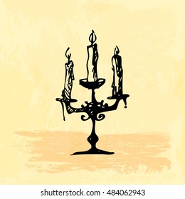 Hand drawn doodle candelabrum with three candles. Black illustration, yellow watercolor background.