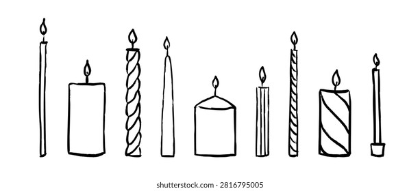 Hand drawn doodle candle set. Black rough sketched burning candles collection. Crayon scribbled element bundle for greeting card, birthday, easter decoration, Christmas. Vector illustration
