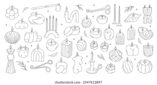 Handgezeichnete Doodle-Kerzen-Set . Umriss der Aromakollektion. Brennende Duftkerzen, verschiedene Kerzen. Säule, Quadrat und Behälterkerze. Dekorative Wachskerzen für Entspannung und Spa.