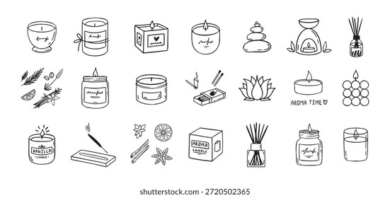 Handgezeichnete Doodle-Kerzen-Set . Umriss der Aromakollektion. Brennende Duftkerzen, verschiedene Kerzen. Säule, Quadrat und Behälterkerze. Dekorative Wachskerzen für Entspannung und Spa. Vektorgrafik