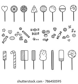 Hand drawn doodle candy set with sweet icon, vector illustration, sketch sweet food collection.