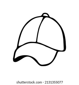 Hand drawn doodle cap. Vector headwear. Black and white baseball cap. Outline. 