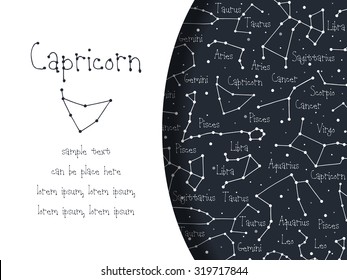 Hand drawn doodle Capricorn astrological sign card, brochure, booklet, cover. Astrological horoscope background
